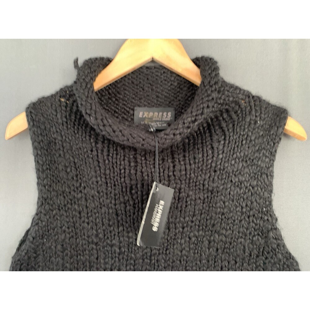 Express Chunky Wool Blend HandKnit Sweater Large Black Sleeveless Mock Neck 90s - Picture 4 of 10